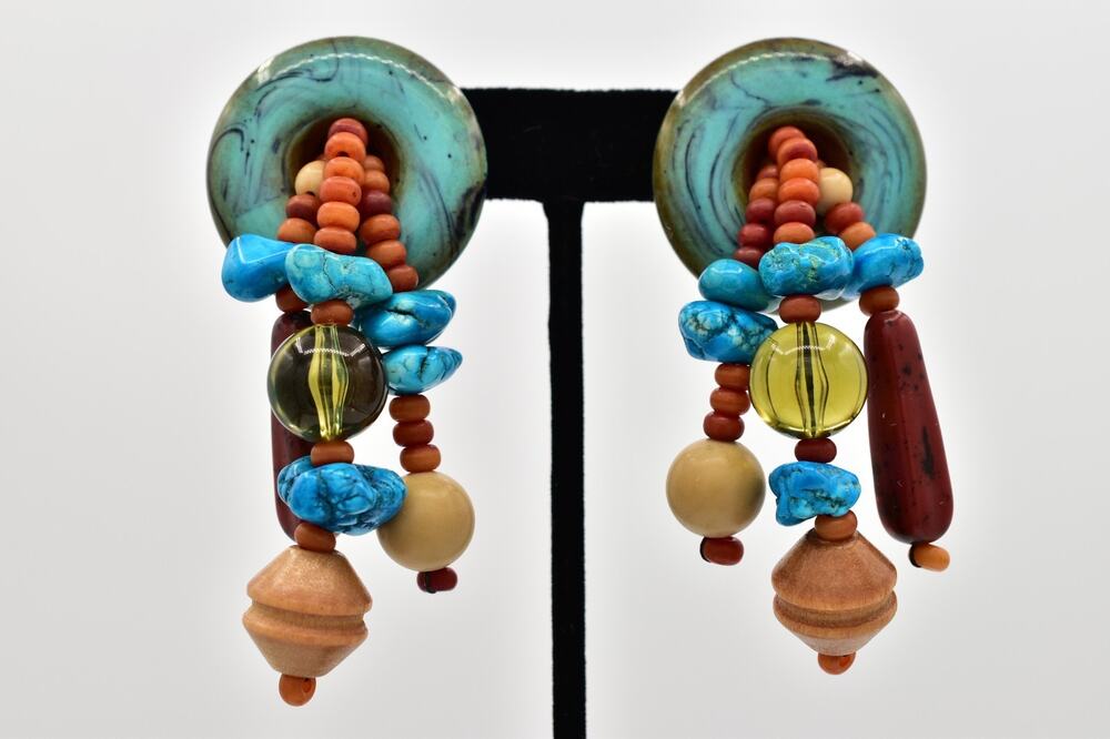 Vintage Boho Faux Turquoise Beaded Mixed Media Dangle Statement Earrings BinBK